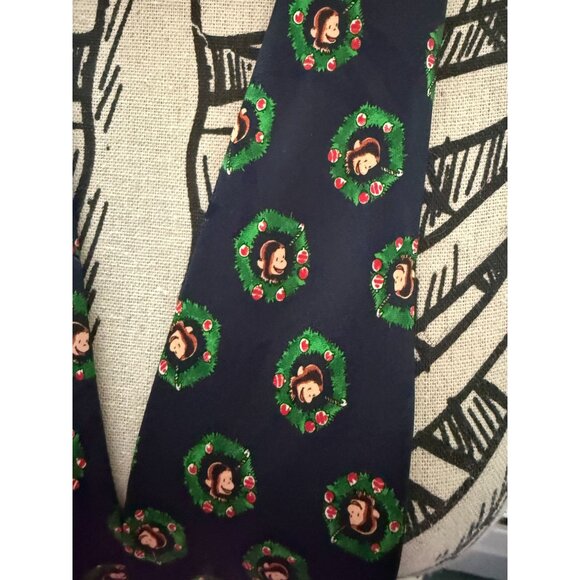 VTG 90s Holiday Christmas Navy Curious George with Wreathes Necktie - Picture 2 of 4